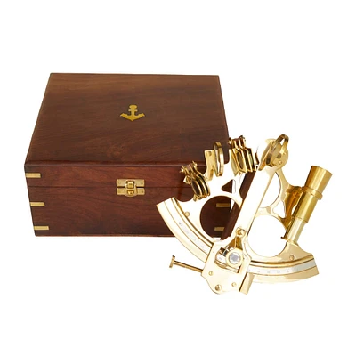 7" Gold Brass Sextant Compass with Decorative Wood Box