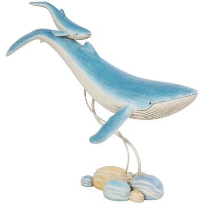 18.5" Blue Polystone Swimming Whale Parent & Child Sculpture Décor