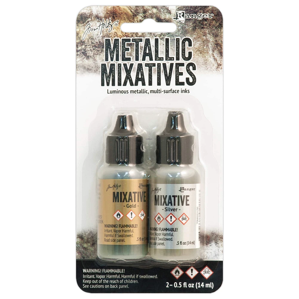 6 Packs: 2 ct. (12 total) Tim Holtz® Alcohol Ink Metallic Mixative Set, Gold & Silver