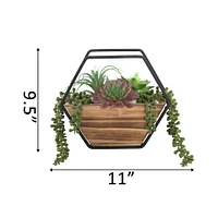 Flora Bunda® 11" Succulent Arrangement in Hexagon Wood & Metal Wall Accent