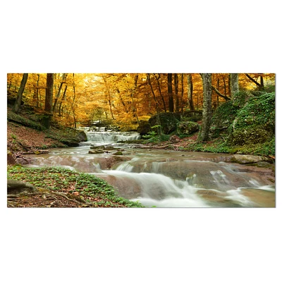 Designart - Forest Waterfall with Yellow Trees - Large Landscape Canvas Art Print