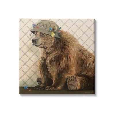 Stupell Industries Rustic Brown Bear Wearing Fisherman's Hat Geometric Pattern Canvas Wall Art