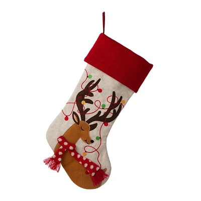 Glitzhome® 21" LED Embroidered Reindeer Linen Christmas Stocking