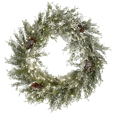 24" White LED Snowy Christmas Wreath with Pinecones