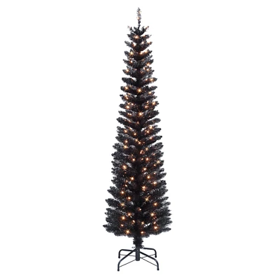 6ft. Pre-Lit Black Tinsel Artificial Tree, Clear Lights