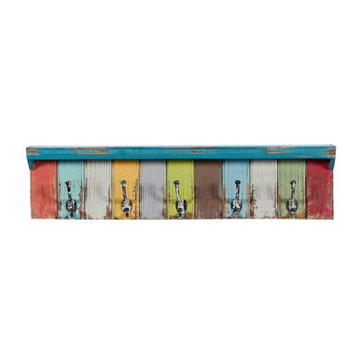Multi Color Wood Coastal Wall Hooks with Shelf, 9" x 35" x 5"