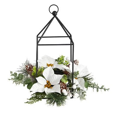 14" Holiday White Poinsettia, Berries & Pinecone Metal Candle Holder Arrangement