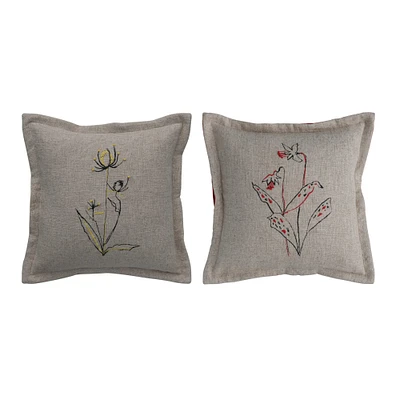 Gray Embroidered Flower Linen Blend Pillow Set