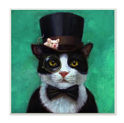 Stupell Industries Good Sir Top Hat Cat with a Mouse and A Monacle Turquoise Painting, 12" x 12"