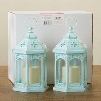 LED Blue Hexagon Distressed Lantern Set