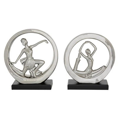 Set of 2 Silver Porcelain Contemporary Yoga Sculpture, 10.5", 11.25"