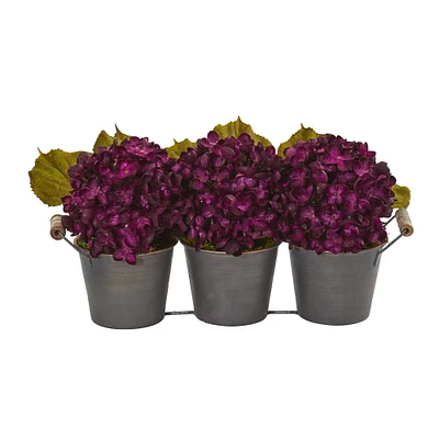 8" Purple Fall Hydrangea Arrangement in Metal Planter