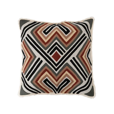 Cotton Embroidered Pillow With Pattern & Fringe
