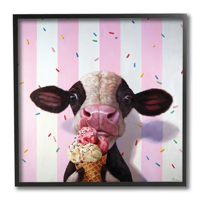 Stupell Industries Cute Baby Cow with Ice Cream Cone Pink Stripes, 12" x 12"