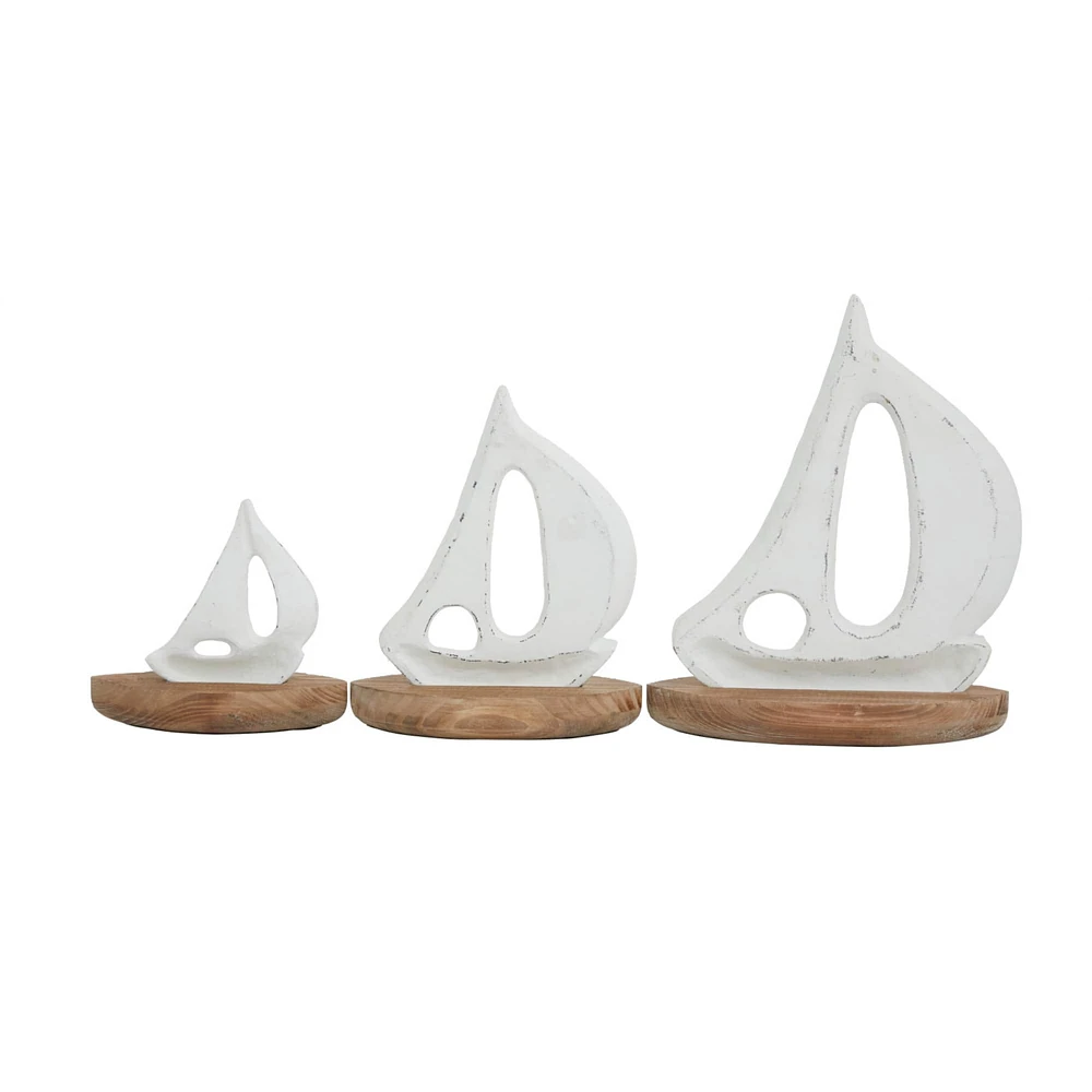 Set of 3 White Wood Coastal Sculptures, 11" x 8" x 5"