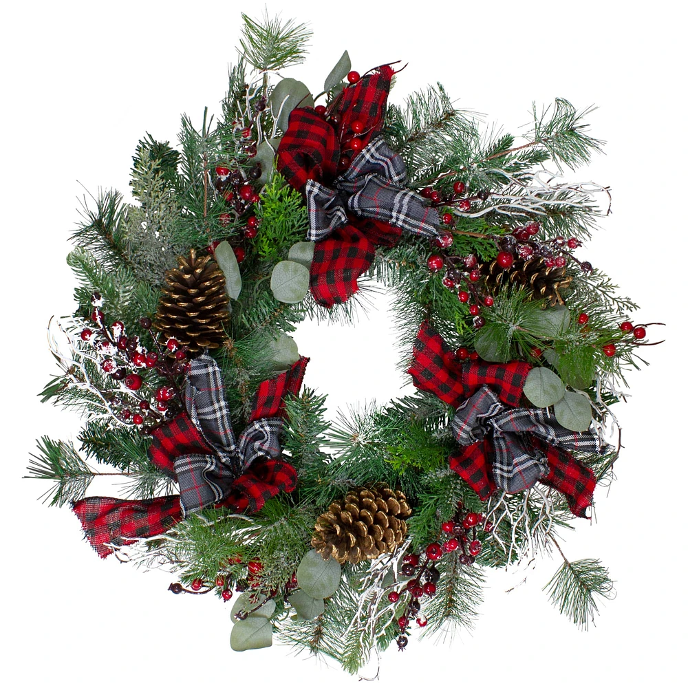 24" Flocked Dual Plaid And Berries Artificial Wreath