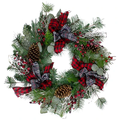 24" Flocked Dual Plaid And Berries Artificial Wreath