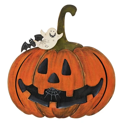 13" Jack-O-Lantern with Ghost & Bat Halloween Decoration