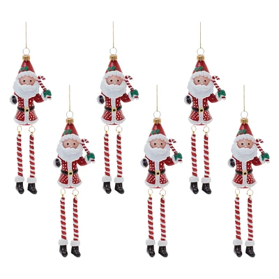 8" Glass Candy Cane Santa with Dangle Legs Ornaments, 6ct.