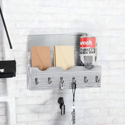 NEX™ Rustic White Wall Mounted Mail Holder & Organizer with 6 Key Hooks