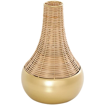 11" Brown & Gold Rattan Handmade Woven Vase