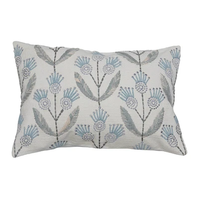 Blue & Neutral Floral Cotton Embroidered Pillow
