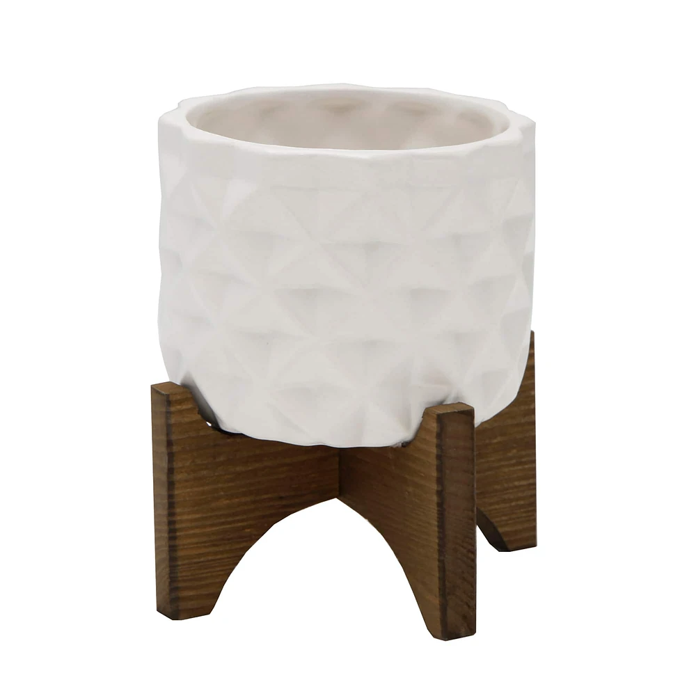 Flora Bunda 5" Matte White Ceramic Dimple Pattern Planter On Wood Stand