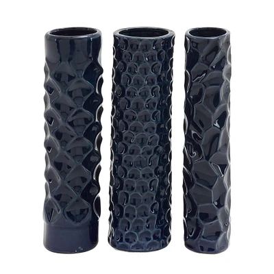 12" Dark Blue Stoneware Contemporary Vase Set