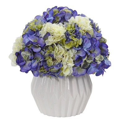 12" Blue & White Hydrangea in White Vase