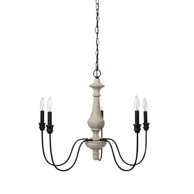 Robert Stevenson Lighting Magnolia 25" Matte Black 5-Light White Washed Wood and Metal Chandelier