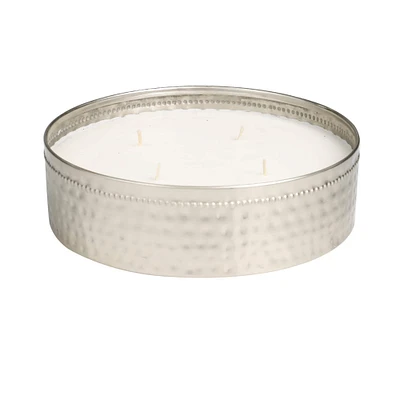 Sweet Bamboo Scented 4-Wick Candle in Silver Wide Hammered Bowl with Spotted Rim