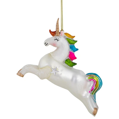 White Unicorn with Rainbow Mane Glittered Christmas Glass Ornament