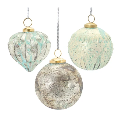 Blue Green Distressed Mercury Glass Ornament Set