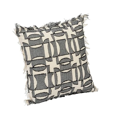 Multicolored Geometric Pattern Woven Cotton Pillow with Chambray Back & Fringe