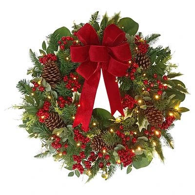 26" Battery-Operated Pre-Lit Decorated Artificial Wreath with Red Bow