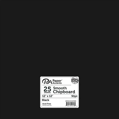 PA Paper™ Accents Black 12" x 12" 90pt. Smooth Chipboard, 25 Pieces