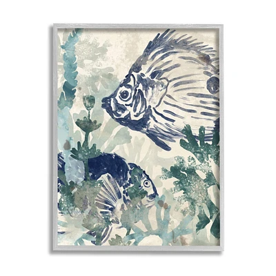 Stupell Industries Abstract Seafloor Fresco Tropical Blue Fish Distressed Coral Framed Wall Art