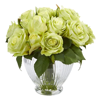 9" Green Rose Floral Arrangement in Elegant Glass Vase