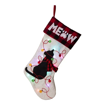 Glitzhome® Pre-Lit 21" Cat Embroidered Linen Christmas Stocking with LED Lighting