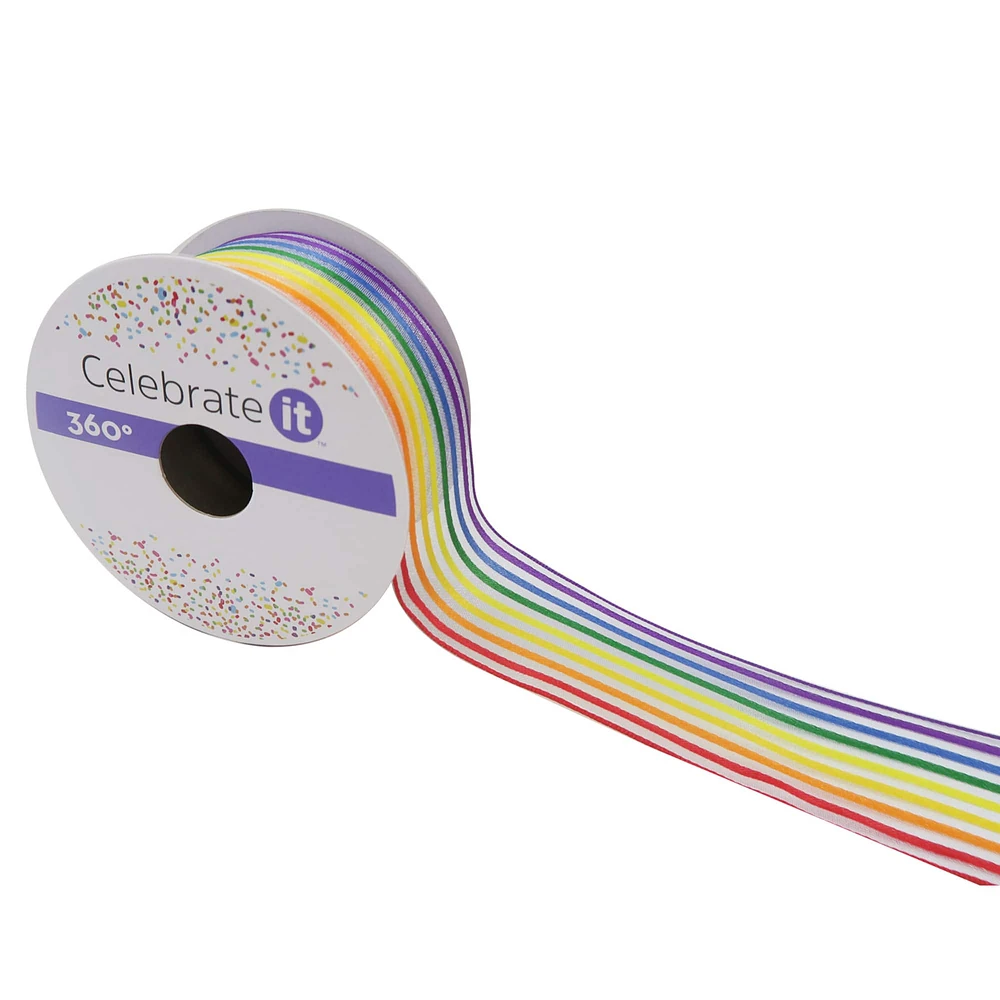 1.5" Sheer Wired Rainbow Striped Ribbon by Celebrate It™ 360°™