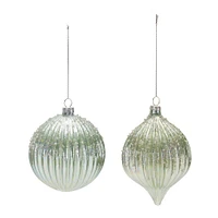 Green Beaded Iridescent Glass Ornament Set