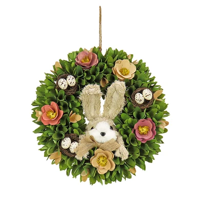 13" Woodcut Floral Bunny & Egg Easter Wreath