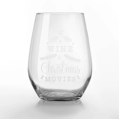 15oz. Wine & Christmas Movies Engraved Stemless Wine Glass