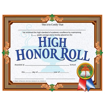Hayes® High Honor Roll Certificate, 6 Packs of 30