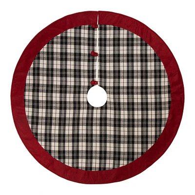 Glitzhome® 48" Black & White Plaid Fabric Christmas Tree Skirt with Red Trim