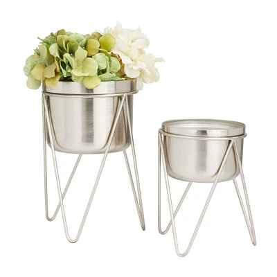 Set of 2 Silver Iron Modern Planter, 10" x 8"