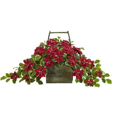 18” Red Poinsettia & Variegated Holly Artificial Plant in Vintage Decorative Basket