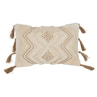 Bloomingville Natural Boho Cotton Slub Lumbar Pillow with Embroidery & Tufting