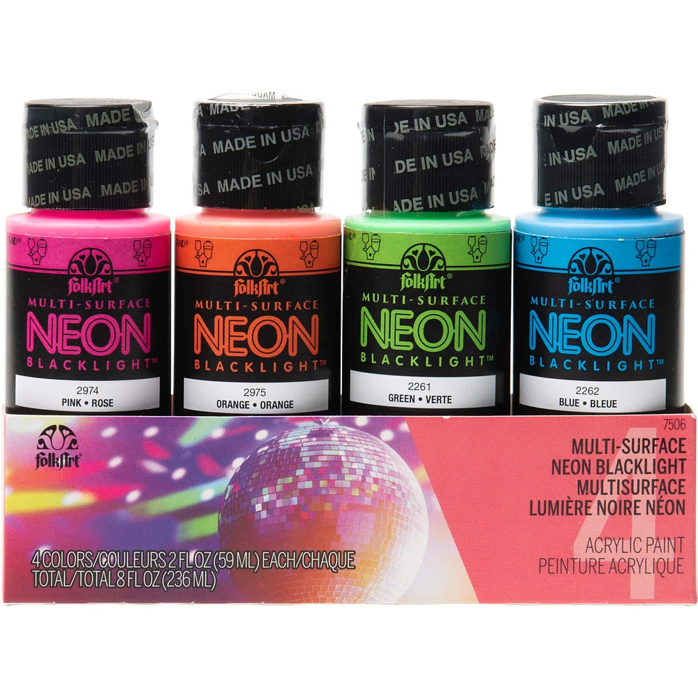 6 Packs: 4 ct. (24 total) FolkArt® Multi-Surface Neon Blacklight™ Acrylic Paint Set