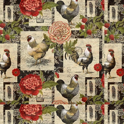 Springs Creative French Rooster Multicolored Floral Patch Cotton Fabric